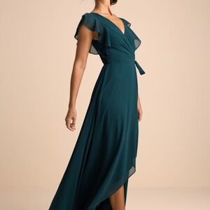 Lulus Ravishing Charm Emerald Ruffled Wrap High-low Maxi Dress Green - Size L
